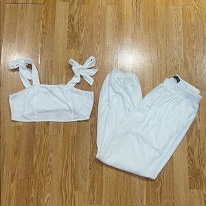 White Two-Piece Lounge Set - Tie Strap Crop Top & Joggers
